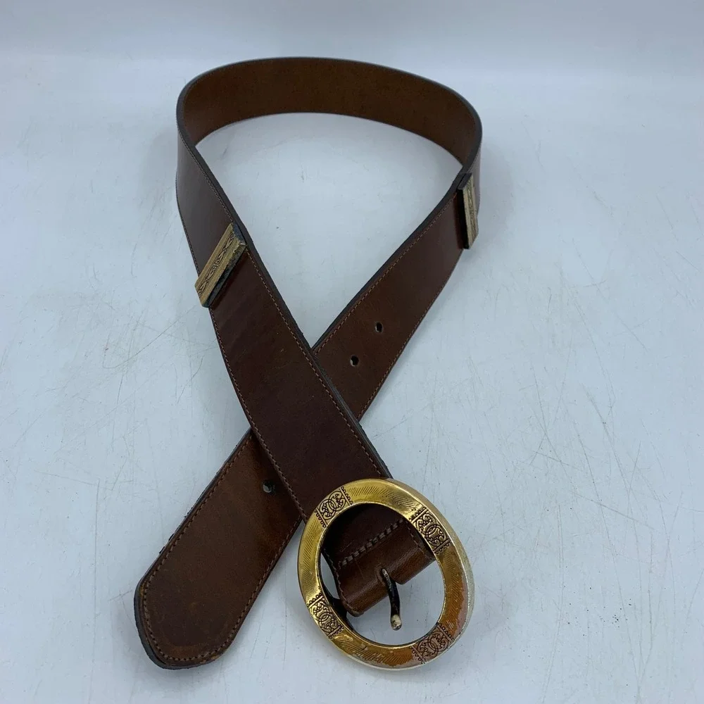Vtg 90s Brighton Leather Belt Gold Buckle USA Large Southwestern Cowgirl Boho